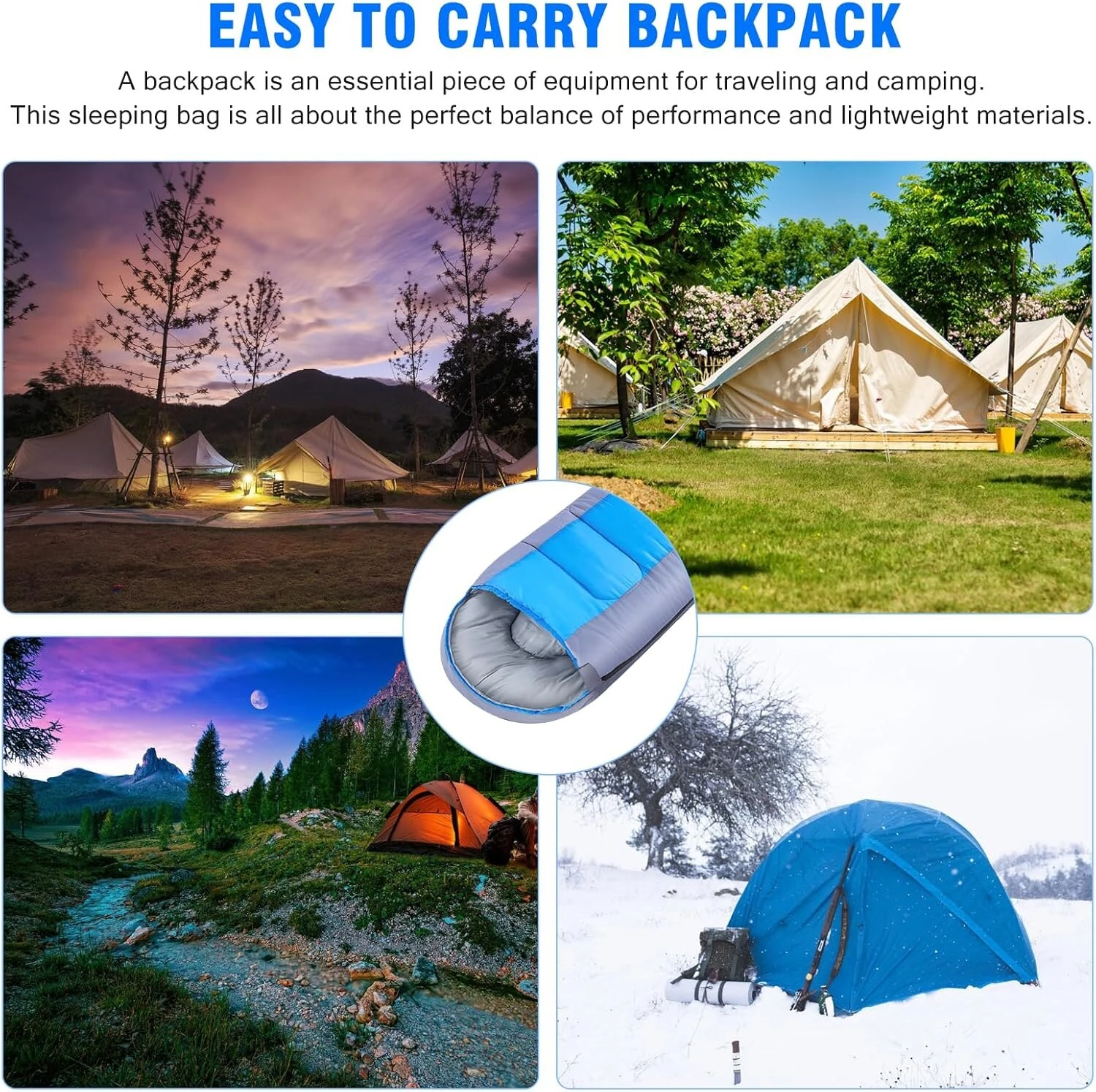 (image for) 2200g Camping Sleeping Bag For -10~20℃ Temperature, Ultralight Waterproof 4 Season Warm Envelope Backpacking Sleeping Bags for Outdoor Traveling Hiking